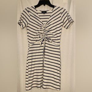 Wednesday’s Girl White with Black Striped Dress, Ruched Front, Cotton, Size XS